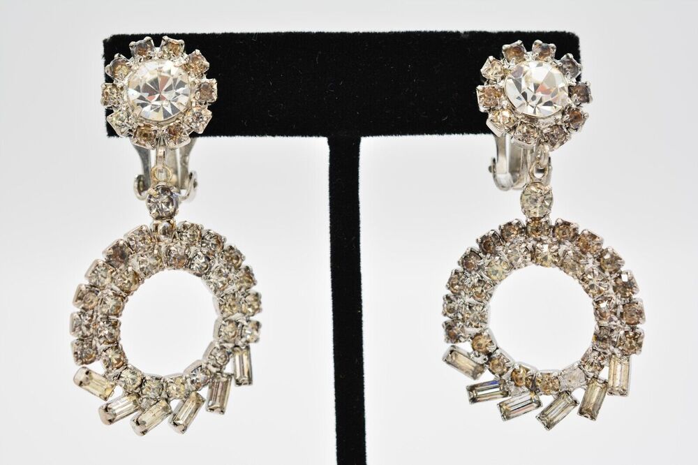 Judy Lee Vintage Crystal Clip On Earrings Baguette Dangle Signed 1960s BinAG